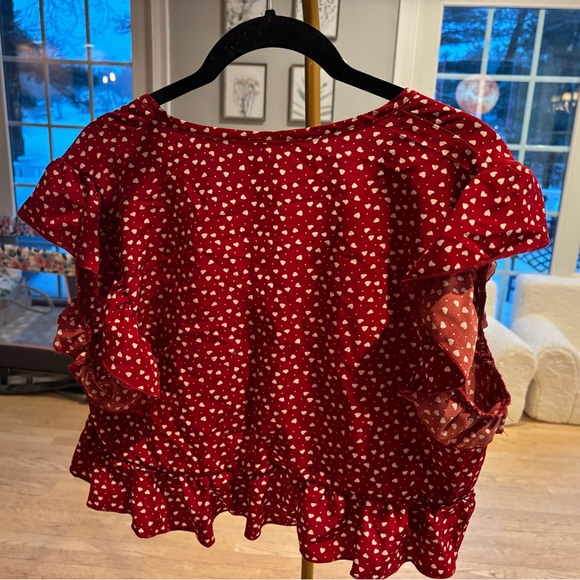 Red Heart Print Crop Ruffle Blouse - Picture 2 of 2